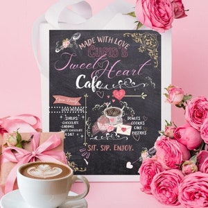 Pronto para imprimir placa de café de dia dos namorados placa de café, placa de café Cupido's Sweet Heart, presente para amantes de café, placa de café em quadro negro