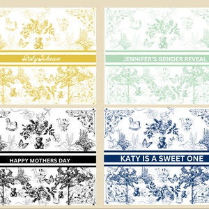 May include: Four different designs for a baby shower or birthday party. Each design features a white background with a black and white, gold, or blue and white pattern of flowers, butterflies, and a teddy bear. The text on the designs reads "Baby Johnson", "Jennifer's Gender Reveal", "Happy Mothers Day", and "Katy is a Sweet One".
