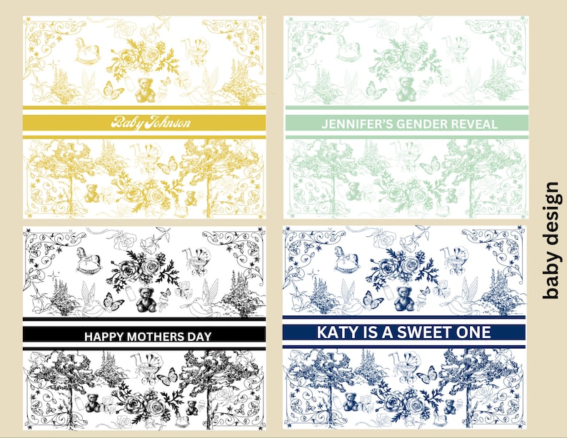 May include: Four different designs for a baby shower or birthday party. Each design features a white background with a black and white, gold, or blue and white pattern of flowers, butterflies, and a teddy bear. The text on the designs reads "Baby Johnson", "Jennifer's Gender Reveal", "Happy Mothers Day", and "Katy is a Sweet One".