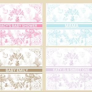 May include: Four different designs for baby shower or birthday invitations. Each design features a white background with a delicate floral pattern, a teddy bear, butterflies, and a banner with text. The text on the banners reads "Tracy's Baby Shower", "Mama", "Baby Emily", and "Katy is a Sweet One".