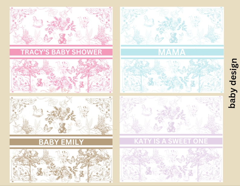 May include: Four different designs for baby shower or birthday invitations. Each design features a white background with a delicate floral pattern, a teddy bear, butterflies, and a banner with text. The text on the banners reads "Tracy's Baby Shower", "Mama", "Baby Emily", and "Katy is a Sweet One".