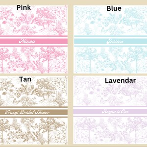 May include: Four different designs of printable party invitations with a floral pattern. The designs are in pink, blue, tan, and lavender. The text on the invitations reads "Mama", "Jessica", "Tracy's Bridal Shower", and "Regina is One".