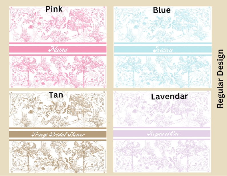 May include: Four different designs of printable party invitations with a floral pattern. The designs are in pink, blue, tan, and lavender. The text on the invitations reads "Mama", "Jessica", "Tracy's Bridal Shower", and "Regina is One".