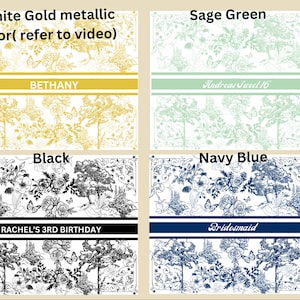 May include: Four different colour variations of a printable design featuring a floral pattern with butterflies and trees. The text "Bethany", "Andreas Sweet 16", "Rachel's 3rd Birthday", and "Bridesmaid" are included in the design.