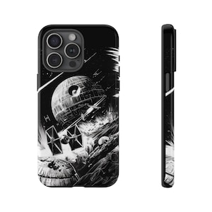 Death Star Classic Battle in B&W for iPhone 16 15 14 13 12 11 X 8 Mini Pro Max Samsung S24 S23 S22 S21 S20 Plus Ultra Google Pixel 8 7 6 5