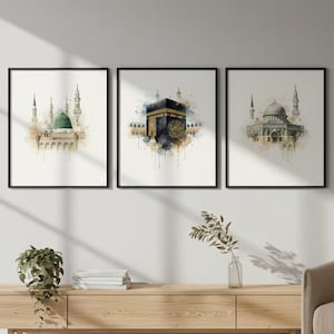 Conjunto de láminas de arte en acuarela de mezquitas islámicas: Nabawi, Kaaba, Al-Aqsa (descarga digital).