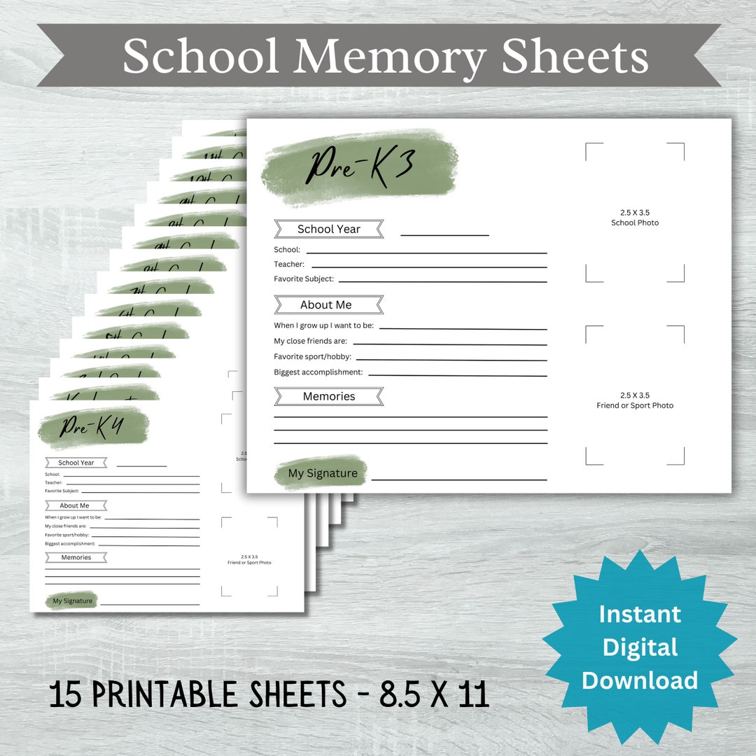 Kids School Printable Memory Pages, Digital File-instant Download, Questionnaire, Printable ...