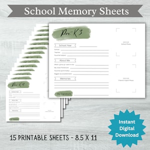 Kids School Printable Memory Pages, Digital File-Instant Download, Questionnaire, Printable Interview, DIY Info Sheet, PreK-12th Grade GREEN