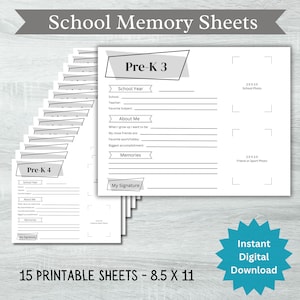 Kids School Printable Memory Pages, Digital File-Instant Download, Questionnaire, Printable Interview, DIY Info Sheet, Pre K-12th Grade GRAY