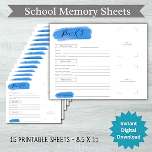 Kids School Printable Memory Pages, Digital File-Instant Download, Questionnaire, Printable Interview, DIY Info Sheet, Pre K-12th Grade BLUE