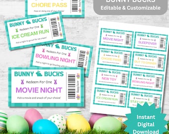 Easter Bunny Bucks, Bunny Coupon, Printable Easter Egg Coupons for Kids, Editable Easter Coupon, Easter Egg Filler, Instant Digital Download