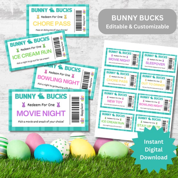 Easter Bunny Bucks, Bunny Coupon, Printable Easter Egg Coupons for Kids, Editable Easter Coupon, Easter Egg Filler, Instant Digital Download