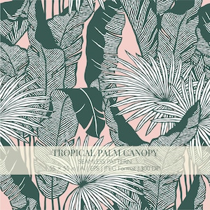 Könnte beinhalten: Nahtloses tropisches Palmen-Canopy-Muster mit grünen und weißen Palmenblättern auf rosa Hintergrund. Das Design enthält den Text "TROPICAL PALM CANOPY" und "SEAMLESS PATTERN". Die Bildabmessungen betragen 140 x 140 cm.