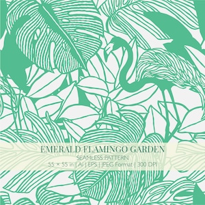 May include: A seamless pattern featuring a green flamingo and tropical monstera leaves on a white background. The text reads: EMERALD FLAMINGO GARDEN, SEAMLESS PATTERN, 55 x 55 in | Ai | EPS | JPEG Format | 300 DPI. The design uses bold green lines.