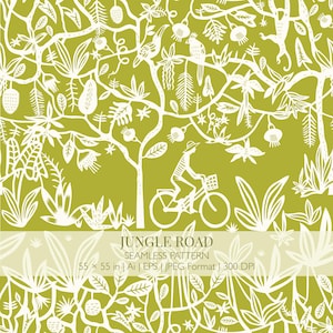 May include: A seamless pattern featuring a white line drawing of a person riding a bicycle through a dense jungle with trees, flowers, and animals on an olive green background. Text reads: JUNGLE ROAD SEAMLESS PATTERN 55 x 55 in | Ai | EPS | JPEG Format | 300 DPI.
