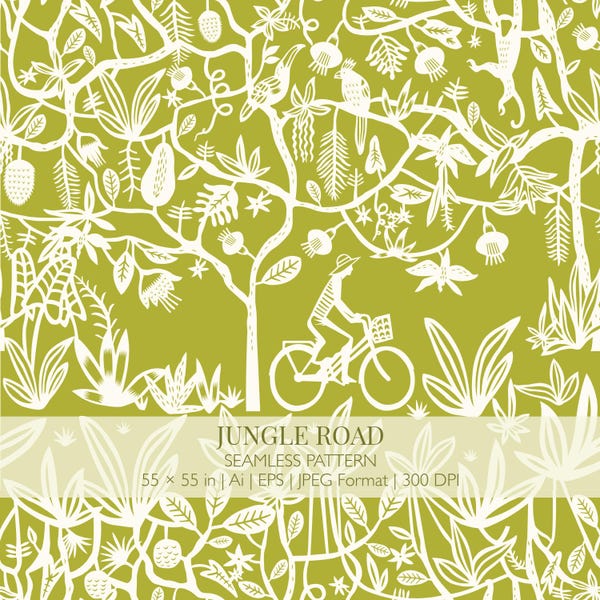 Jungle Road Seamless Pattern, Botanical Illustration, Tropical Bike Ride Design (Digital Download)