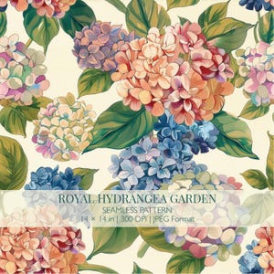 Puede incluir: Un patrón sin costuras con flores de hortensia estilo acuarela en tonos rosa, melocotón, azul y morado, con hojas verdes. El texto "ROYAL HYDRANGEA GARDEN" y "SEAMLESS PATTERN" es visible. El patrón mide 35,56 x 35,56 cm.