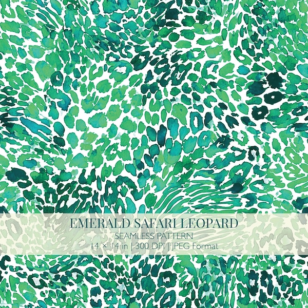 Emerald Safari Leopard Seamless Pattern | Watercolor Animal Print (Digital Download)