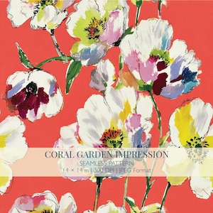 Op de afbeelding: Een naadloos bloemenpatroon met witte, gele, roze en paarse bloemen op een koraalrode achtergrond. De tekst luidt "CORAL GARDEN IMPRESSION" en "SEAMLESS PATTERN". Het patroon is 35,56 cm x 35,56 cm groot.
