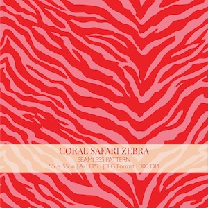 Può includere: Un motivo senza cuciture con un design a strisce zebrate rosso e rosa chiaro. Una fascia orizzontale al centro mostra il testo CORAL SAFARI ZEBRA SEAMLESS PATTERN 139,7 x 139,7 cm | Ai | EPS | JPEG Format | 300 DPI in lettere rosso scuro.
