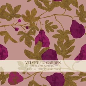 Op de afbeelding: Een naadloos patroon met donker magenta vijgen en olijfgroene bladeren op een oudroze achtergrond. Een witte horizontale band toont de tekst: VELVET FIG GARDEN, SEAMLESS PATTERN, 35,56 x 35,56 cm | 300 DPI | JPEG Format.