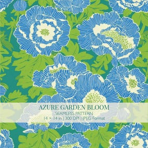 Könnte beinhalten: Ein nahtloses Muster mit blau-weißen Strichzeichnungen von Blumen und hellgrünen Blättern auf türkisfarbenem Grund. Der Text lautet: AZURE GARDEN BLOOM, SEAMLESS PATTERN, 14 x 14 in, 300 DPI, JPEG Format. Das Design wiederholt florale Motive.