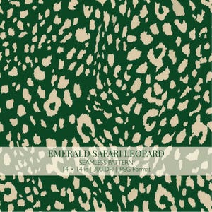Pode incluir: Padrão sem costura de estampa de leopardo em verde esmeralda e bege. O design apresenta manchas bege irregulares sobre um fundo verde escuro. O texto "EMERALD SAFARI LEOPARD" é exibido, juntamente com "SEAMLESS PATTERN" e as dimensões 35,56 x 35,56 cm.