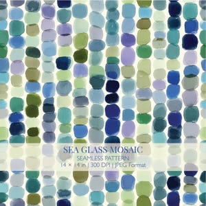 Puede incluir: Un patrón sin costuras con columnas verticales de círculos estilo acuarela en tonos azules, verdes y morados sobre un fondo crema. El texto dice: SEA GLASS MOSAIC, SEAMLESS PATTERN, 14 x 14 in | 300 DPI | JPEG Format.