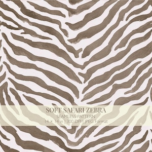 Puede incluir: Patrón sin costuras con diseño de estampado de cebra. El patrón tiene pinceladas marrones sobre un fondo blanco. La imagen incluye el texto "SOFT SAFARI ZEBRA SEAMLESS PATTERN 35.56 x 35.56 cm | 300 DPI | JPEG Format".