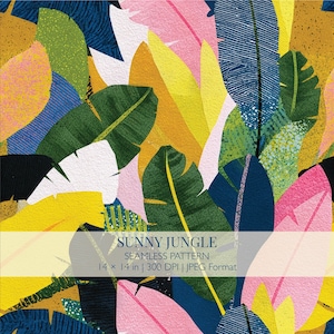 May include: A colourful, seamless pattern of stylized tropical leaves in green, yellow, pink, and blue. The design includes the text "SUNNY JUNGLE" and dimensions of 35.56 x 35.56 cm. The pattern is a JPEG format.
