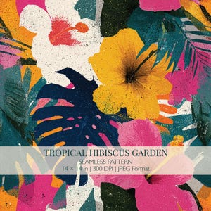 Peut inclure: Un motif sans couture intitulé TROPICAL HIBISCUS GARDEN avec de grandes fleurs d'hibiscus blanches, jaunes et roses et des feuilles de monstera vert foncé sur fond orange. Texte inclus : TROPICAL HIBISCUS GARDEN SEAMLESS PATTERN 14 x 14 in | 300 DPI | JPEG Format.
