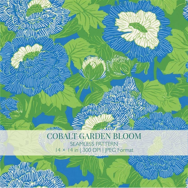 Cobalt Garden Bloom Seamless Pattern, Modern Surface Design, Fabric, Wallpaper, Digital Download