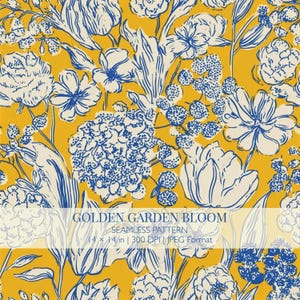May include: A seamless pattern featuring a mustard yellow background with white and blue line-art floral illustrations. The text reads: GOLDEN GARDEN BLOOM SEAMLESS PATTERN 14 x 14 in | 300 DPI | JPEG Format. The design includes various flowers.