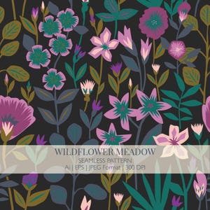 May include: A seamless pattern featuring stylized wildflowers in shades of pink, teal, and purple against a dark background. The design includes various floral shapes and foliage, with the text "WILDFLOWER MEADOW" and format details.