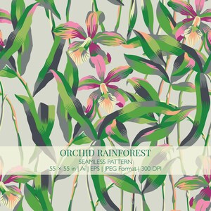 Może przedstawiać: Bezszwowy wzór przedstawiający kwiaty storczyka i długie zielone liście na jasnoszarym tle. Tekst głosi: ORCHID RAINFOREST, SEAMLESS PATTERN, 55 x 55 in | Ai | EPS | JPEG Format | 300 DPI. Projekt wykorzystuje odcienie różu, zieleni i szarości.