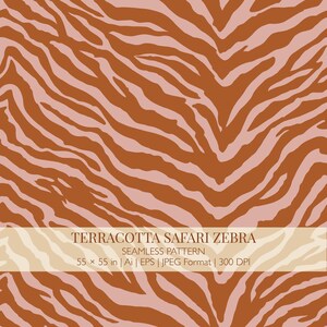 Könnte beinhalten: Ein nahtloses Muster mit einem Zebramuster in Terrakotta und Hellrosa. Ein horizontaler Streifen in der Mitte zeigt den Text: TERRACOTTA SAFARI ZEBRA SEAMLESS PATTERN 55 x 55 in | Ai | EPS | JPEG Format | 300 DPI.