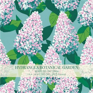 Pode incluir: Padrão sem costura com flores de hortênsia estilizadas em tons de rosa, azul e branco sobre um fundo azul-turquesa, com folhas verdes. O texto diz: "HYDRANGEA BOTANICAL GARDEN SEAMLESS PATTERN 35.56 x 35.56 cm | 300 DPI | JPEG Format."