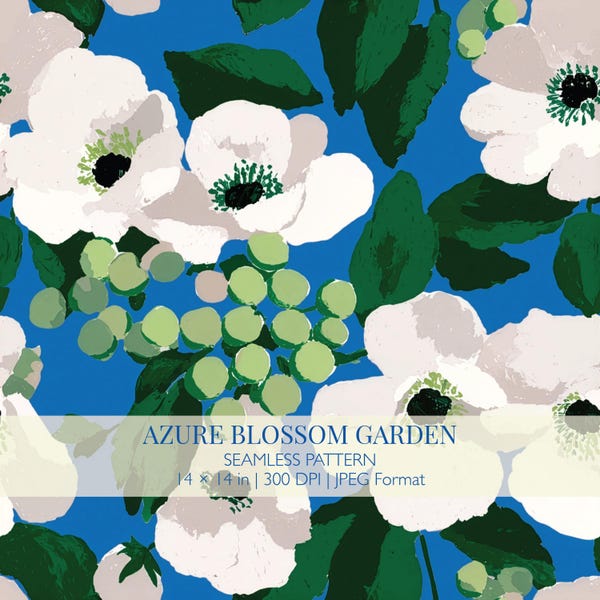 Azure Blossom Garden Seamless Pattern – Blue Floral Fabric Design (Digital Download)