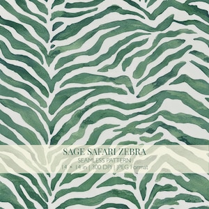 May include: A seamless pattern featuring sage green watercolour zebra stripes on a white background. Text overlay reads: SAGE SAFARI ZEBRA, SEAMLESS PATTERN, 14 x 14 in | 300 DPI | JPEG Format. The design consists of repeating organic, wavy lines.