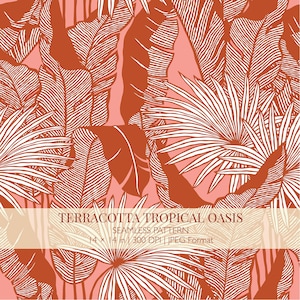 Op de afbeelding: Een naadloos patroon met tropische palmbladeren in terracotta en witte lijntekeningen op een lichtroze achtergrond. De tekst luidt: TERRACOTTA TROPICAL OASIS, SEAMLESS PATTERN, 14 x 14 in | 300 DPI | JPEG Format, op een semi-transparante balk.