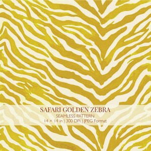 May include: A seamless pattern with a golden zebra design. The background is cream-colored, with bold, yellow brushstrokes forming zebra stripes. The text "SAFARI GOLDEN ZEBRA" is displayed. The pattern measures 35.56 x 35.56 cm.
