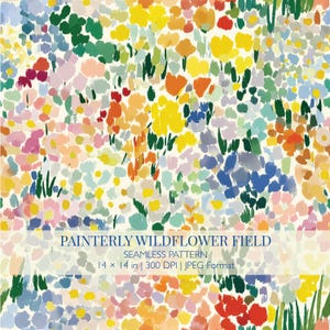Könnte beinhalten: Ein nahtloses Muster mit einem malerischen Wildblumenfeld-Design. Das Muster zeigt eine lebendige Anordnung farbenfroher Blumen in Gelb-, Orange-, Rosa-, Blau- und Grüntönen. Der Text lautet: "PAINTERLY WILDFLOWER FIELD SEAMLESS PATTERN 35.56 x 35.56 cm | 300 DPI | JPEG Format."