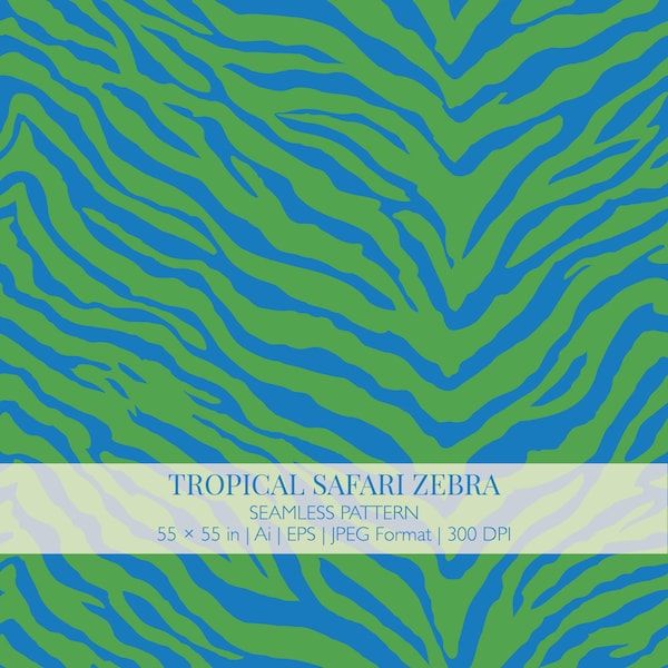 Blue Green Zebra Stripe Seamless Pattern, Tropical Animal Print Textile Design (Digital Download)