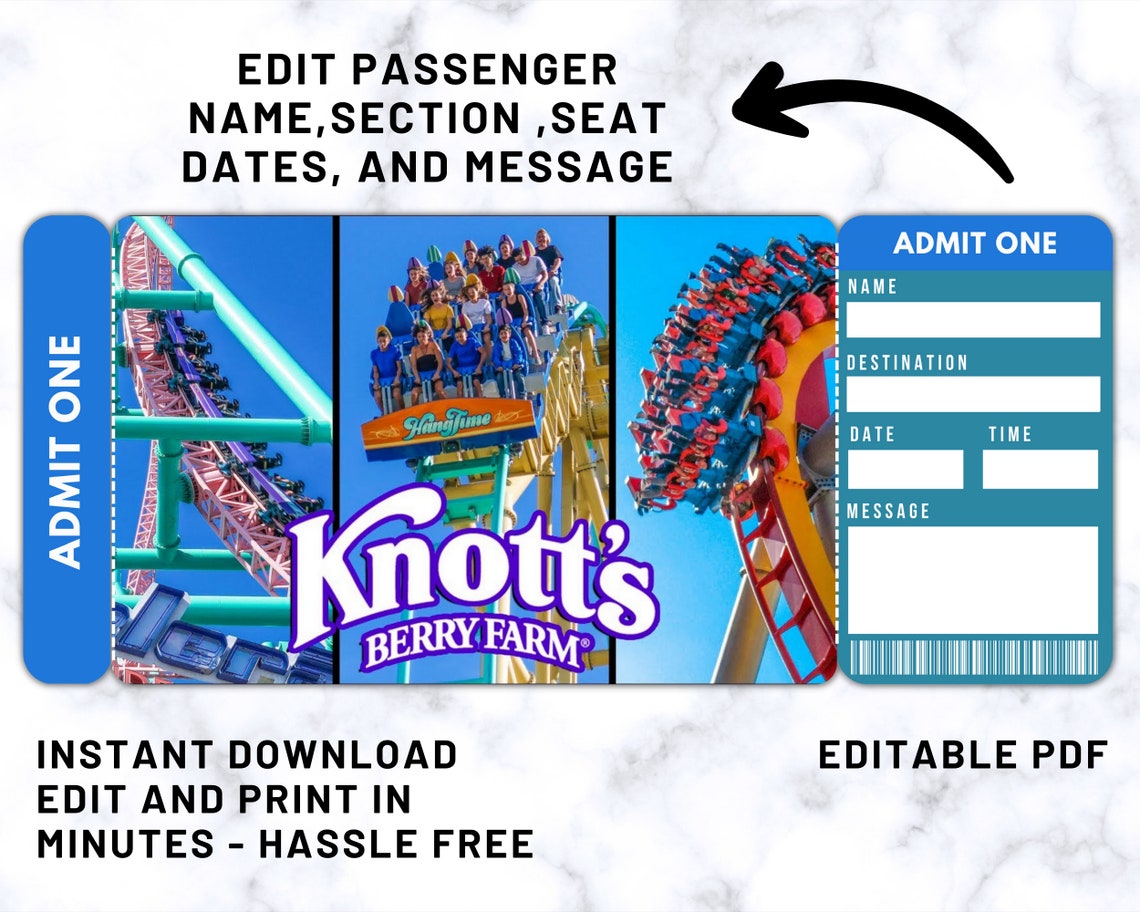 Printable Knotts Berry Farm Ticket, Surprise Trip Gift Ticket ...