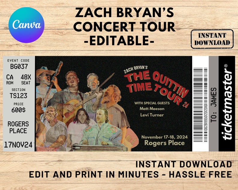 Editable Zach Bryan Concert Ticket, the Quittin Time Tour 2025, Zach