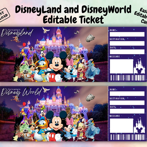 Surprise Disneyland Ticket, Disneyworld Ticket, Editable Ticket, Surprise Reveal Ticket Gift, Instant Download, Theme Park ticke