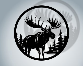 Moose in the forest dxf, Animals cut file for laser dxf plasma cnc metal wall decor svg for Cricut decal papercut template wood art engraved