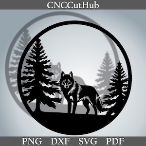 Wolf scène dxf, Dieren gesneden bestand voor laser, dxf plasma, cnc, metalen wand decor, svg voor Cricut, sticker papercut sjabloon, houtkunst, gegraveerd