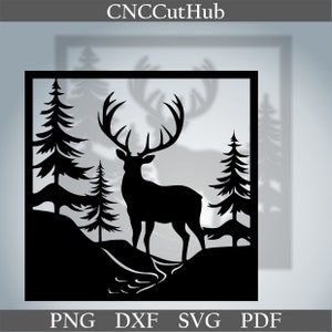 Herten in het bos dxf, Dieren gesneden bestand voor laser dxf plasma cnc metalen wand decor svg voor Cricut sticker papercut sjabloon, houtkunst gegraveerd