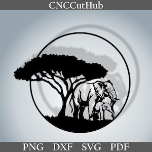 Escena de elefante dxf, archivo de corte safari para plasma láser, decoración de metal cnc, svg para Cricut, plantilla de corte de papel de calcomanía África silueta salvaje cnc